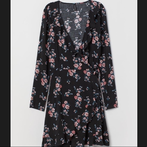 H&M Flora Long Sleeves Black Mini Wrap Dress - Picture 1 of 8